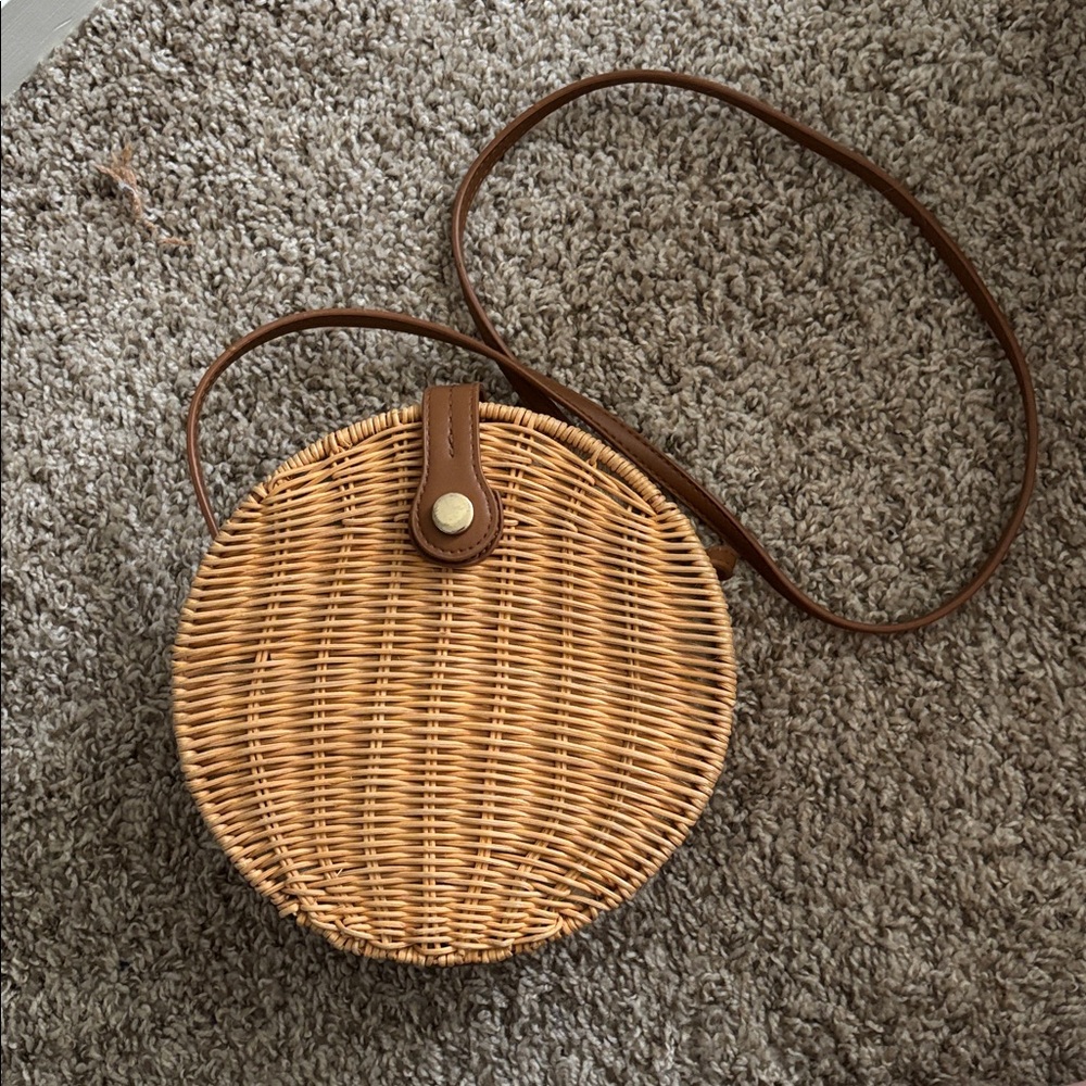 Zara Round Woven Crossbody Bag with Brown Strap
